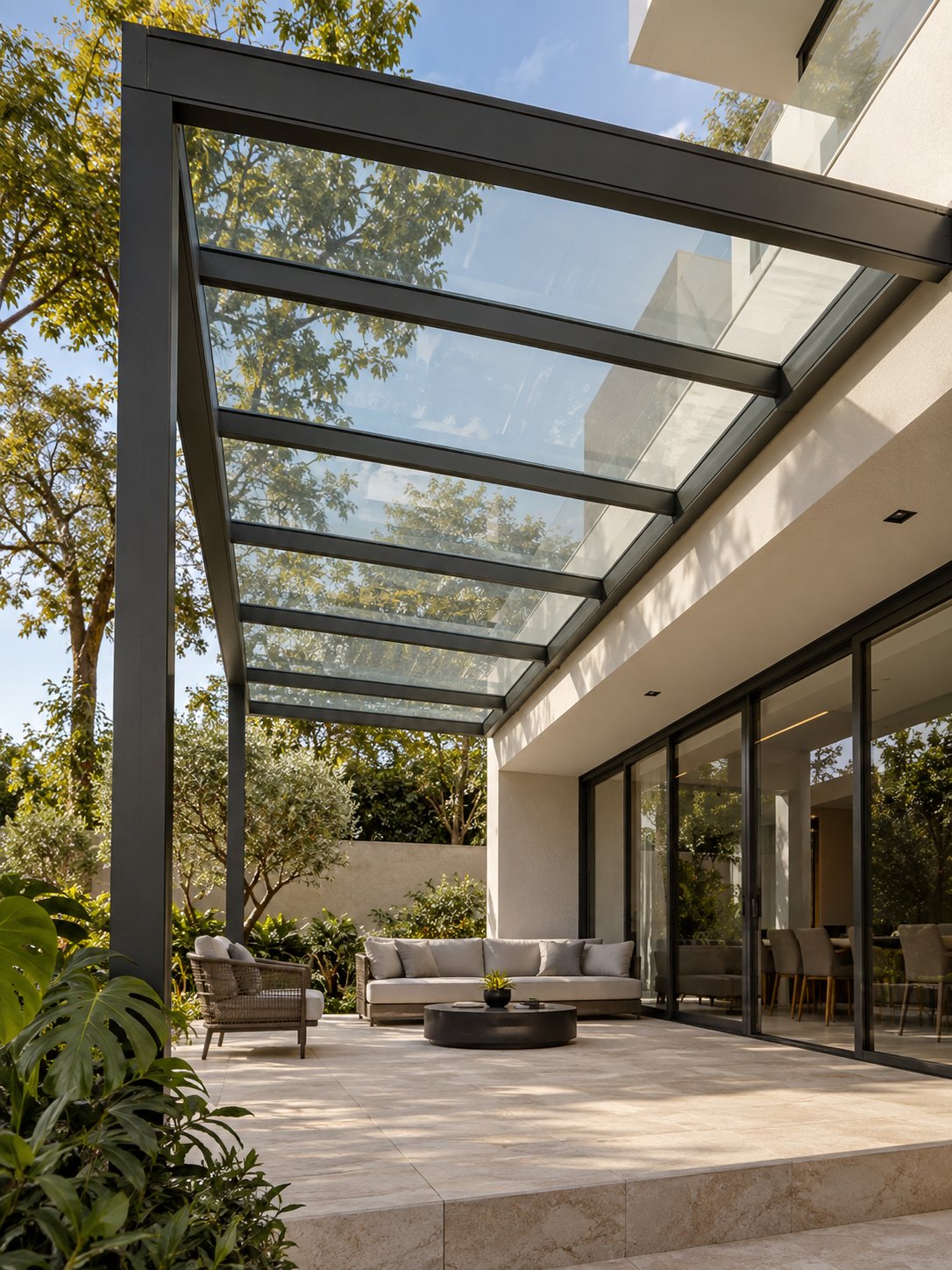cobertura de vidro com estrutura escura sobre um terraço