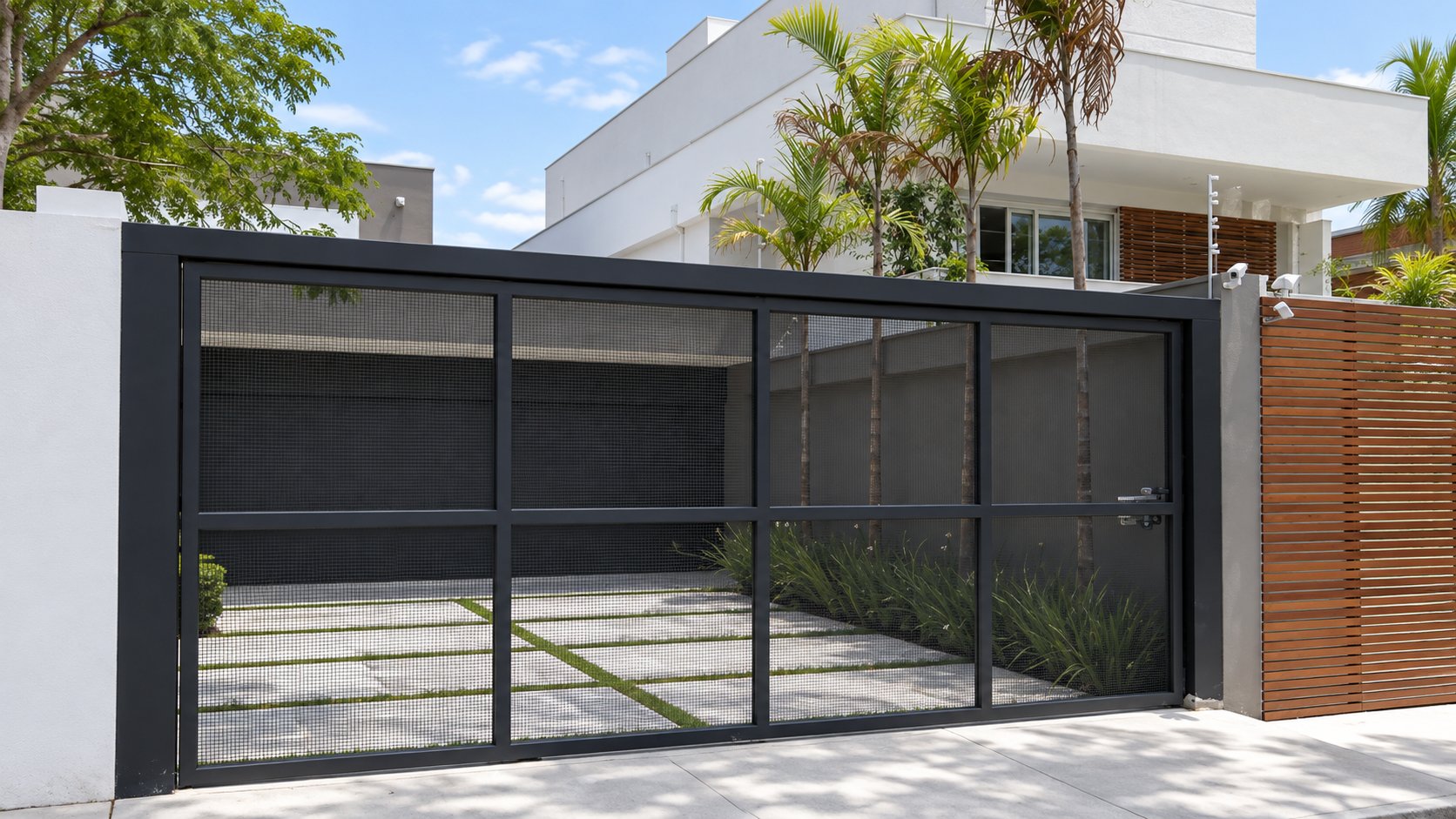 Portão residencial preto com estrutura metálica e painéis em tela, em frente a uma casa