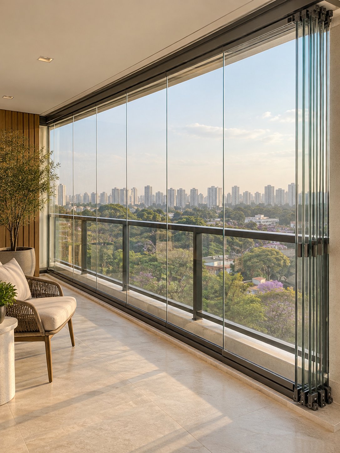 Envidraçamento de sacada com painéis recolhidos na lateral e vista arborizada